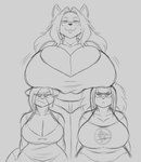 anthro big_breasts boob_hat breast_size_difference breasts eyewear female glasses group huge_breasts hyper hyper_breasts size_difference trio unimpressed jwinkz superia tuua_(tatara_arts) zoey_(jwinkz) canid canine canis domestic_dog fox mammal absurd_res black_and_grey hi_res monochrome