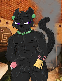 anthro balam_(naawadeer) balls big_balls big_penis bodily_fluids cum genital_fluids genitals jewelry male melanistic muscle_tone muscular nipples nude penis precum scar solo sweat sweatdrop sweaty_balls sweaty_body sweaty_face sweaty_genitalia sweaty_legs sweaty_penis tribal tribal_jewelry vein veiny_muscles naawadeer felid jaguar mammal pantherine hi_res