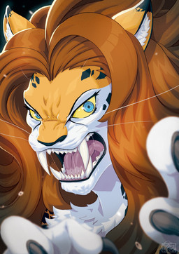anthro blue_eyes bodily_fluids brown_hair chest_tuft claws fangs female fur hair inner_ear_fluff looking_at_viewer orange_body saliva saliva_string sharp_teeth snarling solo teeth tuft whiskers white_body white_fur yellow_sclera tovio_rogers dc_comics cheetah_(dc) cheetah felid feline mammal hi_res signature