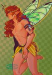armband bottomwear checkered checkered_background clothing feather_accessory floral_clothing floral_skirt hair insect_wings long_hair male not_furry pattern_background pointy_ears red_hair simple_background skirt solo text wings hnsoka ferngully pips_(ferngully) fairy humanoid english_text hi_res watermark