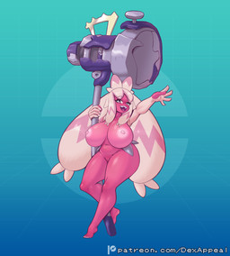 areola belly big_breasts big_butt breasts butt female female_humanoid genitals hair hammer navel nipples nude nude_female nude_humanoid open_mouth pink_body pink_hair pink_nipples pink_skin pokemorph shortstack shortstack_female smile solo text thick_thighs tools vulva weapon dex_appeal nintendo pokemon generation_9_pokemon humanoid pokemon_(species) tinkaton 2026 digital_media_(artwork) hi_res url