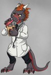 anthro bottomwear clipboard clothing coat doctor eye_scar facial_scar feather_hair feathers grey_body grey_scales horn horn_jewelry horn_ring jewelry lab_coat male medical_instrument orange_eyes orange_feather_hair pants pen pseudo_hair red_body red_scales ring_(jewelry) scales scar scientific_instrument solo stethoscope tail topwear starwolfskin zgf_art zgf_gaming arix_crim kobold reptile scalie hi_res