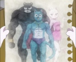 abs anthro biceps black_body blue_body bottomwear clothed clothing dress female fur group loincloth male muscular pecs scar speedo swimwear tail topless white_body unknown_artist fairy_tail charle_(fairy_tail) happy_(fairy_tail) pantherlily domestic_cat exceed felid feline felis mammal pantherine