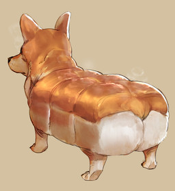 ambiguous_gender bread butt feral food fur multicolored_body multicolored_fur orange_body orange_fur quadruped simple_background solo tail tan_background white_body white_fur bow_(artist) canid canine canis domestic_dog food_creature herding_dog mammal pastoral_dog welsh_corgi 2021