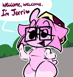 anthro black_eyes crossgender dialogue dot_eyes exhibitionism eyelashes eyewear female flat_chested glasses hair open_mouth outside pink_body pink_hair pink_skin rectangular_glasses shell_hat simple_eyes solo thefablednekos spiral_stream_derby jerry_capshell gastropod mollusk snail
