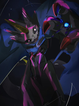 anthro black_body black_sclera blue_cape blue_clothing blue_fire cape claws clothing colored_fire fire glowing glowing_eyes horn male open_mouth solo tail limbotern bandai_namco digimon digimon_(species) gulusgammamon 3:4 hi_res
