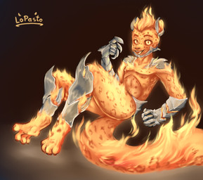 anthro armor clothing fire flaming_hair flaming_tail gauntlets gloves handwear legwear looking_at_viewer male markings paws pseudo_hair simple_background solo spots spotted_body tail not_a_lil_pesto nameless_character elemental_creature felid fire_creature flame_atronach leopard mammal pantherine absurd_res hi_res