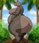 anthro beach belly big_breasts big_butt blurred_background breasts butt female female_anthro grey_body huge_butt looking_at_viewer obese obese_anthro obese_female overweight overweight_anthro overweight_female palm_tree plant sea smile solo tail text tree water nitrozo dreamworks madagascar_(series) gloria_(madagascar) common_hippopotamus hippopotamid mammal 2024 artist_name digital_media_(artwork) full-length_portrait hi_res portrait