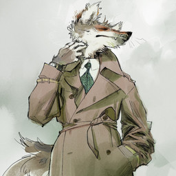 abstract_background anthro biped black_whiskers button_(fastener) clock clothing coat fangs green_necktie male necktie scratching_self simple_background solo standing tail teeth topwear trenchcoat watch whiskers white_background wristwatch zunkee canid canine canis coyote mammal 1:1 2025 hi_res