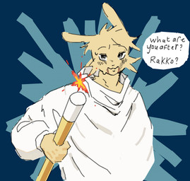 anthro blush blush_lines bodily_fluids bruised bruised_face fire humor looking_at_viewer male smile smiling_at_viewer solo speech_bubble staff sweat text weapon wounded toastedeh chiikawa jujutsu_kaisen usagi_(chiikawa) yuta_okkotsu lagomorph leporid mammal rabbit english_text meme