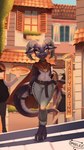 anthro black_body black_scales building city city_background claws clothed clothing curled_horn ear_piercing ear_ring fantasy female flat_chested front_view horn house markings outside piercing ring_piercing scales short_sword smile solo tail tavern teeth weapon yellow_eyes ombelico kazarra_the_kobold kobold reptile scalie 2023 absurd_res colored digital_drawing_(artwork) digital_media_(artwork) hi_res shaded