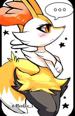 3_fingers ambiguous_anthro ambiguous_gender anthro arm_tuft biped black_body black_border black_fur blush blush_lines border cheek_tuft chest_tuft closed_frown crossed_arms digitigrade dipstick_tail ellipsis eyebrows eyelashes facial_tuft fingers frown fur hip_tuft inner_ear_fluff looking_away markings motion_lines mouth_closed multicolored_body multicolored_fur nude_ambiguous nude_anthro orange_body orange_eyes orange_fur orange_inner_ear_fluff orange_nose pointy_ears pouting prick_ears shoulder_tuft side_view simple_background snout solo spoken_ellipsis star_polygon tail tail_markings thick_eyelashes tuft two_tone_tail white_background white_body white_fur white_tail_tip yellow_body yellow_fur yellow_tail meekax_x nintendo pokemon braixen canid generation_6_pokemon mammal pokemon_(species) 2023 absurd_res cel_shading colored digital_drawing_(artwork) digital_media_(artwork) hi_res portrait shaded three-quarter_portrait