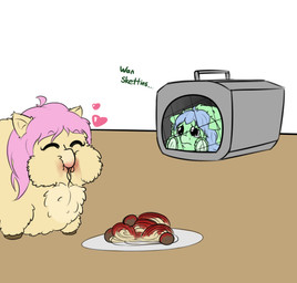 abuse baby_talk blue_hair bodily_fluids brown_hooves cage container cruelty dish duo eating eyelashes eyes_closed female female_feral feral food food_in_mouth fur green_body green_fur hair happy heart_symbol hooves in_cage looking_at_another mouth_closed pasta pet_carrier pink_hair sad simple_background smile spaghetti tears text trapped yellow_body yellow_fur buwwito fluffy_pony fluffy_pony_(species) mammal 2020 digital_media_(artwork) english_text hi_res
