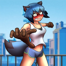 angry anthro blush bottomwear bra clothing dolphin_shorts female looking_at_viewer outside pants shirt shorts slim solo sports_bra tank_top topwear underwear demenmenabung brand_new_animal studio_trigger michiru_kagemori canid canine mammal raccoon_dog tanuki 1:1 absurd_res alternate_version_at_source hi_res meme
