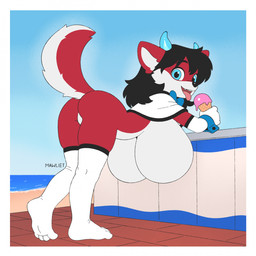 anthro beach big_breasts black_hair blue_eyes border bow_tie breasts butt clothing day dessert featureless_breasts featureless_crotch female food fur hair hanging_breasts holding_food holding_ice_cream holding_object horn huge_breasts ice_cream legwear looking_at_viewer looking_back looking_back_at_viewer open_mouth outside red_body red_fur sand smile solo stockings tail tongue tongue_out water white_border mawliet katrina_(mawliet) canid mammal 1:1 2026 digital_media_(artwork) hi_res