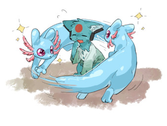 ambiguous_gender black_nose blue_body clothing duo eyes_closed inner_ear_fluff looking_at_another motion_lines open_mouth open_smile paws quadruped smile sparkles tail tuft aaasakawa rain_world videocult looks_to_the_moon_(rain_world) rivulet_(rain_world) felid feline mammal slugcat 2026 hi_res