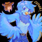 absurd_res anthro avian beak belt belt_buckle bird blue_body blue_eyes blue_feathers blue_hair blush bottomwear brown_hair clothed clothing clover_(undertale_yellow) cowboy_hat denim denim_bottomwear denim_clothing digital_media_(artwork) duo english_text feathered_wings feathers female hair hat headgear headwear hi_res human jeans looking_at_viewer male mammal martlet_(undertale_yellow) neck_tuft open_mouth pants simple_background smile standing text tongue topwear tuft undertale undertale_(series) undertale_yellow veinyflesh wings yellow_beak