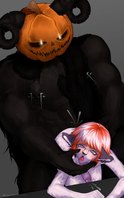 anthro black_body blue_eyes duo ear_piercing facial_piercing for_a_head genitals hair horn male male/male nipple_piercing nipples nose_piercing penis piercing pumpkin_head red_hair sex creeps misfit mortis bovid caprine goat mammal object_head sheep hi_res