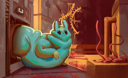 ambiguous_gender belly big_belly black_eyes building cogwheel dewlap_(anatomy) feral grass green_body huge_belly inside machine overweight overweight_ambiguous overweight_feral plant solo squish urban_decay citrusslugcat rain_world videocult citrus_(slugcat) slugcat digital_media_(artwork) restricted_palette warm_colors