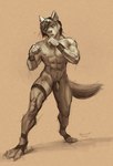 4_toes 5_fingers abs anthro athletic athletic_anthro athletic_male balls digitigrade feet fingers foreskin fur genitals hair hindpaw humanoid_genitalia humanoid_hands humanoid_penis male nude nude_anthro nude_male paws pecs penis solo tail toes wraps marsonaut canid canine canis mammal wolf 2025 signature