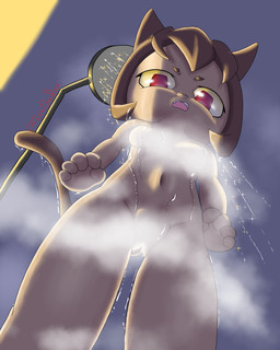 anthro bathing breasts brown_body brown_fur dark_room featureless_breasts featureless_crotch female fur kemono looking_at_viewer looking_down low-angle_view naturally_censored navel nude obscured_genitals open_mouth pupils shower shower_head shower_room showering simple_background solo square_pupils steam tail water wet izzipurrito gameoverse glitch_productions kit_bodega domestic_cat felid feline felis mammal 4:5 absurd_res hi_res