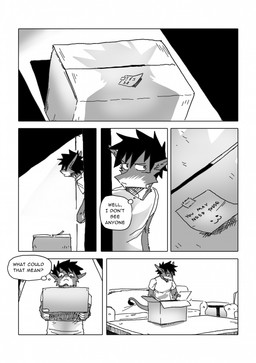 5_fingers anthro apartment armchair box chair clothing confusion container door fingers furniture hallway male note opening_box opening_package shadow shirt solo table tape text thought_bubble topwear kaaski jack_(kaaski) comic digital_drawing_(artwork) digital_media_(artwork) english_text hi_res monochrome