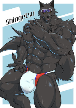 abs anthro arm_tuft barazoku big_bulge black_body black_fur black_sclera bodily_fluids bulge chest_tuft clothing detailed_bulge elbow_tuft eyewear eyewear_on_head fur male muscular muscular_male pecs simple_background solo speedo standing sunglasses sunglasses_on_head sweat swimwear tail text tuft vein veiny_muscles wearing_sunglasses white_clothing white_swimwear yellow_eyes geryorias canid canine canis mammal wolf absurd_res hi_res