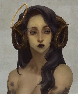 black_hair black_lips blue_eyes breasts cleavage clothed clothing curled_horn female female_humanoid grey_background hair halo horn lips markings mole_(marking) not_furry simple_background solo wavy_hair atsuris angel angel_humanoid humanoid mammal bust_portrait hi_res portrait