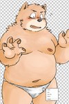 anthro blush bodily_fluids brown_body brown_fur clothing embarrassed fangs fur male meta moobs navel nipples open_mouth overweight overweight_male pawpads paws png_file raised_paw slightly_chubby solo sweat sweatdrop teeth underwear rampie canid canine canis domestic_dog mammal 2:3 hi_res