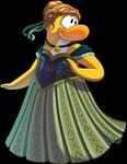 black_clothing black_topwear black_vest brown_hair choker clothing dress female green_clothing green_dress hair jewelry looking_aside necklace sleeveless_dress solo toony topwear updo vest unknown_artist club_penguin disney frozen_(disney) anna_(frozen) avian bird penguin absurd_res alpha_channel crossover full-length_portrait hi_res official_art portrait