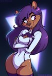 anthro breasts brown_body brown_fur clothing crossed_arms eyebrow_through_hair eyebrows eyelashes female fur glistening glistening_body hair inner_ear_fluff legwear leotard medium_breasts purple_eyes purple_hair solo translucent translucent_hair tuft psicoyote capybara caviid mammal rodent 2024 hi_res