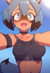 anthro black_hair blue_hair blush breasts brown_body brown_fur clothed clothing cute_fangs fangs female female_anthro fur hair happy imminent_hug kemono looking_at_viewer multicolored_body multicolored_fur multicolored_hair open_mouth open_smile smile solo spread_arms tan_body tan_fur teeth tongue tanquito brand_new_animal studio_trigger michiru_kagemori canid canine mammal raccoon_dog tanuki 2021 absurd_res digital_media_(artwork) hi_res