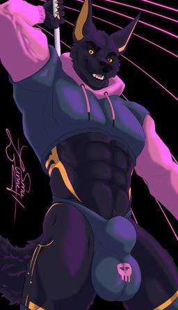 anthro black_body black_fur clothing dancing fur genital_outline male muscular muscular_male pole pole_dancing solo yellow_body yellow_eyes yellow_fur pyxou meme_clothing paggi_outfit esmui anubian_jackal canid canine canis hybrid jackal mammal wolf hi_res meme