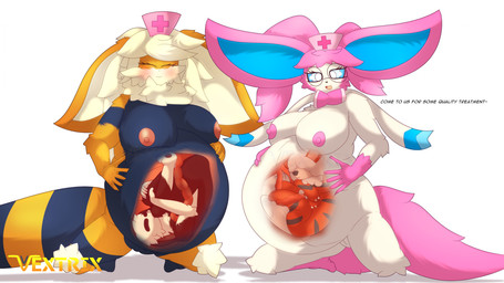 anthro belly breasts duo female genitals healing internal looking_at_viewer nipples pregnant pregnant_anthro pregnant_female umbilical_cord unbirthing uterus vaginal vore vulva vextrix nintendo pokemon arc_vap arcanine eeveelution generation_1_pokemon generation_6_pokemon hybrid pokemon_(species) sylveon vaporeon hi_res