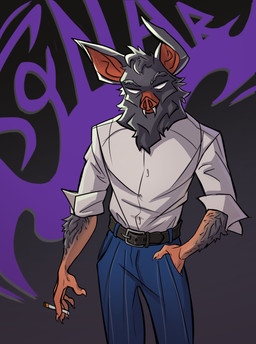 5_fingers belt biped cigarette claws fingers for_a_head front_view hand_in_pocket holding_cigarette holding_object humanoid_hands male pockets solo standing white_eyes chopush2 dispatch sonar_(dispatch) animal_head animal_humanoid bat humanoid mammal 2025 absurd_res colored hi_res