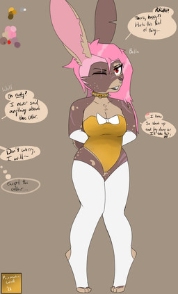 1_eye anthro big_breasts bite_mark bow_(feature) breasts bunny_costume clenched_teeth clothing collar costume curvy_figure dialogue digitigrade eye_scar eyebrow_piercing facial_piercing facial_scar female gloves hair hands_behind_back handwear knock-kneed legwear lipstick long_hair makeup nose_piercing offscreen_character piercing pink_hair scar septum_piercing sidecut solo spiked_collar spikes stockings teeth text thick_thighs prismatic_wolf belladonna_(prismatic_wolf) lagomorph leporid mammal rabbit absurd_res english_text hi_res