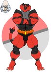 anthro bulge claws clothed clothing crossed_arms fangs looking_at_viewer male muscular muscular_male partially_clothed pecs red_body smile smirk solo spread_legs spreading standing teeth underwear 1ceberg nintendo pokemon felid generation_7_pokemon incineroar mammal pokemon_(species) absurd_res hi_res