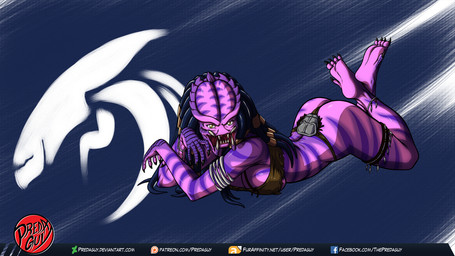 bikini breasts clothing dreadlocks female logo not_furry pose solo swimwear text two-piece_swimsuit predaguy predator_(franchise) ch'kara fan_character alien yautja 16:9 artist_logo digital_media_(artwork) hi_res pinup url widescreen