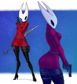 anthro black_body black_eyes boots breasts clothed clothing female footwear gun handgun high_heeled_boots high_heels horn legwear melee_weapon pistol ranged_weapon red_clothing shoes solo thigh_boots thigh_highs weapon spacemaxmarine capcom hollow_knight_(franchise) resident_evil team_cherry ada_wong hornet_(hollow_knight) arthropod insect 2026 hi_res