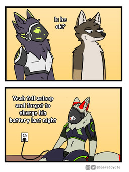 anthro brown_body brown_fur charging cybernetics fur group humor machine male neck_tuft purple_body purple_fur screen screen_face tuft sparecoyote spare_(sparecoyote) canid canine canis coyote cyborg mammal protogen 3:4 comic