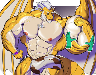 2_horns abstract_background alchemical_symbol amethyst_(gem) animal_print animal_print_clothing animal_print_underwear anthro balls barazoku beard big_bulge big_muscles big_pecs body_worship bulge chest_gem clothed clothing countershade_torso countershade_wings countershading cow_print cow_print_briefs cow_print_lingerie detailed_bulge disembodied_hand facial_hair flexing flexing_bicep front_view gem genital_outline genitals green_hand growth hair horn huge_muscles huge_pecs hyper hyper_biceps hyper_muscle_growth hyper_muscles male membrane_(anatomy) membranous_wings multi_penis_bulge muscle_growth muscle_worship muscular muscular_anthro muscular_male nipples non-mammal_balls non-mammal_nipples pecs penis_outline pupils purple_eyes segmented_tail simple_background solo spread_wings star_pupils symbol symbol-shaped_pupils tail teeth underwear underwear_only unusual_pupils vein veiny_muscles white_beard white_facial_hair white_gem white_hair white_horn wings yellow_body yellow_tail grandtaurus mythology solomon_astra_(character) dragon mythological_creature mythological_scalie scalie sun_dragon hi_res shaded