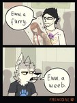 annoyed anthro body_pillow clothed clothing dakimakura dakimakura_pillow detailed_background dialogue duo eyewear fangs fur glasses grey_body grey_fur hair inner_ear_fluff inside male narrowed_eyes open_mouth pillow shirt speech_bubble stubble t-shirt teeth text topwear tuft two_panel_image yellow_sclera frencore canid canine canis human mammal wolf 2023 3:4 english_text hi_res signature