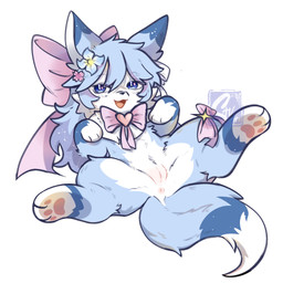 accessory anus bedroom_eyes blue_hair bow_ribbon female feral flower flower_in_hair fur genitals hair hair_accessory kemono lying multicolored_body multicolored_fur narrowed_eyes on_back plant seductive simple_background solo spread_legs spreading star vulva white_background yukino_kitsune anonymous_artist canid canine fox mammal absurd_res hi_res