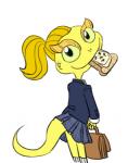 anthro bag biped bottomwear bread clothed clothing eating female food footwear hair legwear looking_at_viewer orange_hair ponytail school_uniform simple_background skirt smile socks solo standing tail tail_under_skirt toast uniform white_background unknown_artist dreamworks lizzie_green_(dreamworks) ant arthropod hymenopteran insect lizard reptile scalie