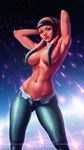 big_breasts blue_bottomwear blue_clothing blue_pants bottomwear breasts clothed clothing colored_skin convenient_censorship falling_star female green_eyes hands_behind_head looking_at_viewer navel pants pink_body pink_skin ronin solo topless unzipped zipper ronin_art star_wars alien alien_humanoid humanoid twi'lek 9:16 absurd_res artist_name hi_res watermark