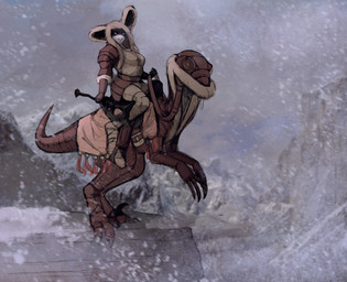 ambiguous_gender anthro axe battle_axe bedding blanket bridle claws clothed clothing cold duo fantasy_weapon female feral fur harness hood looking_at_viewer melee_weapon mountain outside predator/prey pupils reins riding rock saddle saddle_blanket sickle_claw slit_pupils snow snowing straddling tail toe_claws weapon white_body white_fur winter winter_clothing yellow_eyes hattonslayden dinosaur dromaeosaurid lagomorph leporid mammal prehistoric_species rabbit reptile saurischian scalie theropod velociraptor 2016 hi_res
