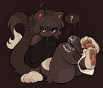 :3 ahoge anthro belly big_tail biting_clothing black_clothing black_shirt black_topwear bodily_fluids bottomless bottomless_anthro bottomless_female breasts brown_background brown_ears brown_hair brown_speech_bubble brown_tail butterfly_(mark) clothed clothing clothing_around_legs dipstick_tail drooling eye_through_hair eyelashes feet female fur hair handpaw hindpaw knee_markings leg_markings markings medium_breasts monotone_hair multicolored_body multicolored_fur panties panties_around_legs partially_clothed_anthro partially_clothed_female paws question_mark saliva shirt shoulderless_shirt simple_background sitting smile solo tail tail_markings tail_tuft tan_belly tan_feet tan_hands tan_sclera tan_tail_tip thick_thighs topwear translucent translucent_hair tuft two_tone_body two_tone_fur two_tone_tail underwear underwear_around_legs white_clothing white_panties white_underwear wide_hips chewtoyys lucky_(chewtoyys) domestic_cat felid feline felis mammal 2025 absurd_res brown_theme digital_drawing_(artwork) digital_media_(artwork) full-length_portrait hi_res portrait shaded nonbinary_(lore)