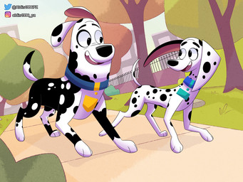 black_body black_fur black_nose black_spots blue_collar collar duo female feral floppy_ears fur heterochromatic_ears leg_markings long_ears male markings park pink_inner_ear running socks_(marking) spots spotted_body spotted_fur toony white_body white_fur white_spots playzone 101_dalmatian_street 101_dalmatians disney delilah_(101_dalmatians) doug_(101_dalmatians) canid canine canis dalmatian domestic_dog mammal 4:3 absurd_res hi_res