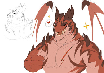 anthro black_sclera eyebrows gesture hand_gesture heart_symbol horn looking_at_viewer male multicolored_body multiple_poses muscular muscular_anthro muscular_male open_mouth pointing pointing_at_viewer pose pupils pupils_closed red_body scar simple_background solo sparkles speech_bubble standing teeth wings yellow_pupils infernalmight mythology hagaz_(infernalmight) dragon mythological_creature mythological_scalie scalie absurd_res hi_res