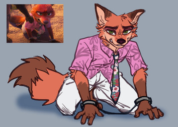 accessory anthro bottomwear bound clothed clothing cuff_(restraint) fur handcuffed handcuffs looking_at_viewer male metal_cuffs necktie pants restraints shirt simple_background solo tail text topwear jolyn_foxxo disney zootopia nick_wilde canid canine fox mammal red_fox true_fox digital_media_(artwork) hi_res redraw
